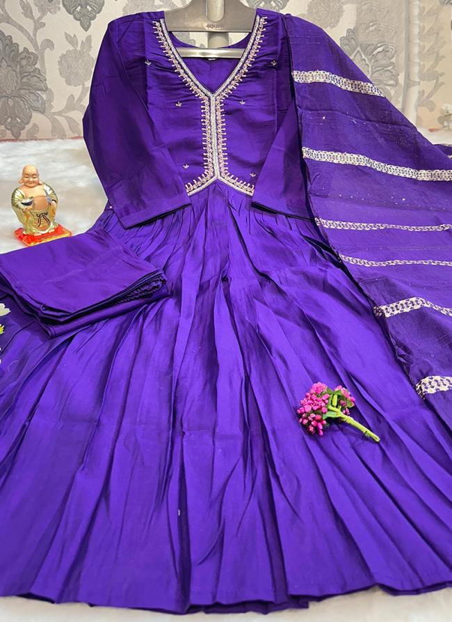 Modal Muslin Purple Casual Wear Hand Work Readymade Kurti Set